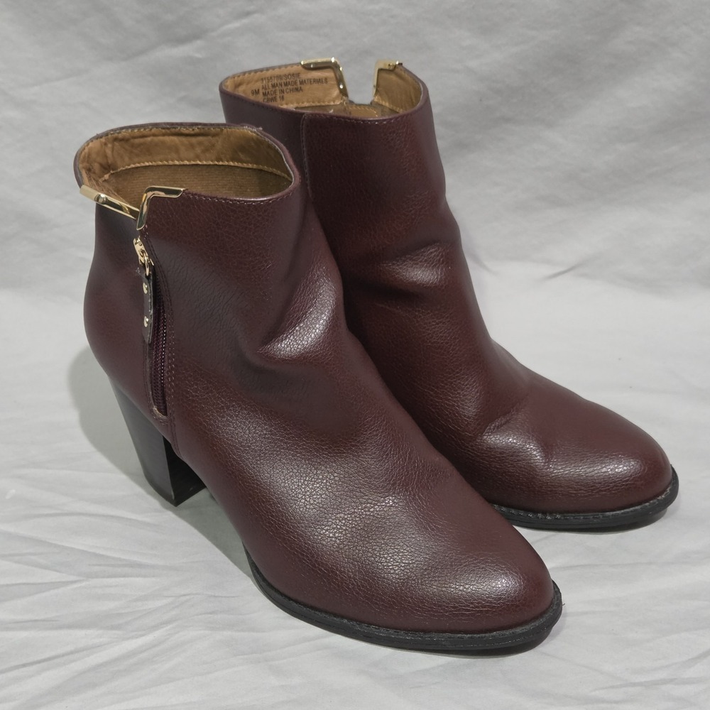 Eurosoft Sosie Ankle Boots Women 9M Burgundy Excellent Side Zip Block Heel Gold